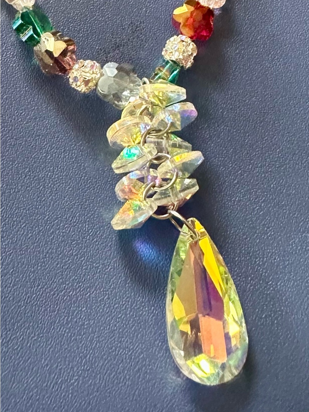 Hand Crafted Multicolor Crystal Beaded Necklace with Iridescent Teardrop - Picture 4 of 7